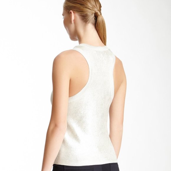 Robert Rodriguez Metallic Laminated Silver Ribbed Knit Coated Cocktail Tank Top - Picture 2 of 10